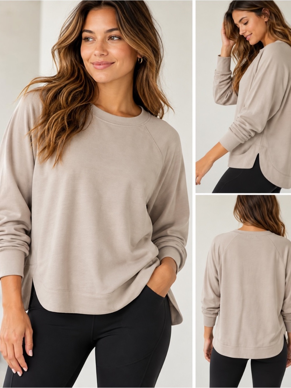Athleta Seasoft Crewneck Sweatshirt Large Abalone Gray Tencel Modal High Low